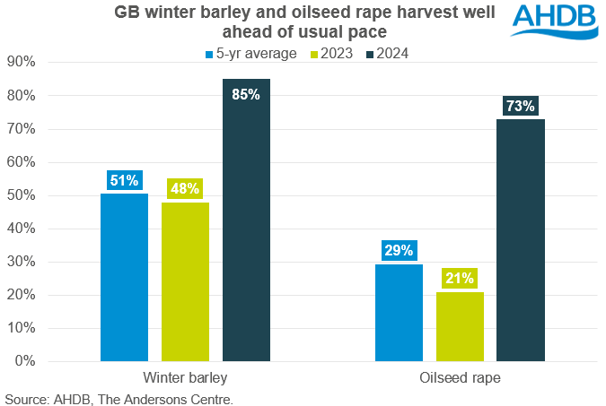 Chart showing GB winter barley and oilseed rape harvest 2024